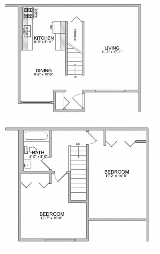 Floor plan for 2 beds, 1 bath, 1085 sqft
